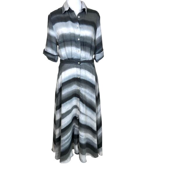 Officine Générale Nadia Linen Button Up Shirt Dress Grey Asymmetric Stripe MED